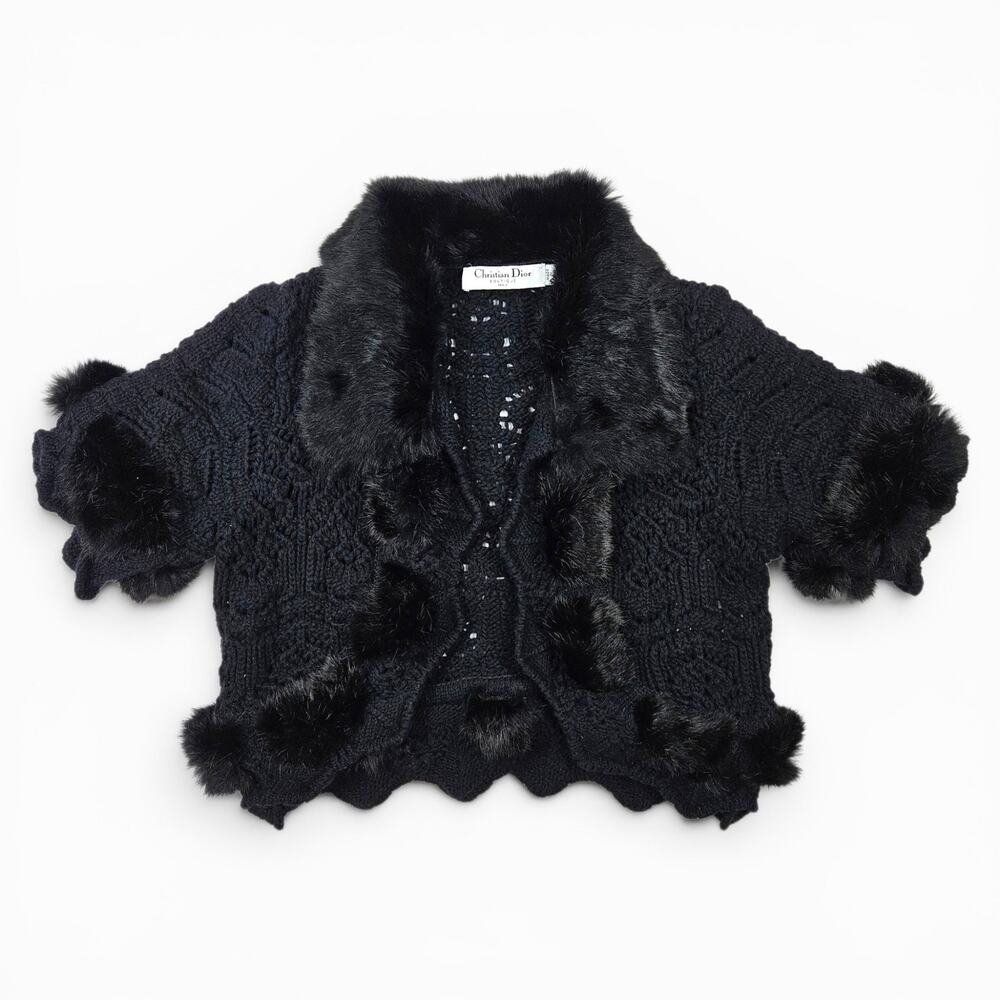 Vintage Christian Dior by Galliano Fur Trim Open Weave Black Sweater - Small